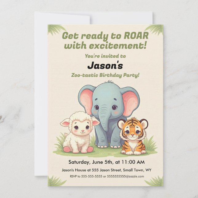 Invitación de cumpleaños del zoológico rugiente (Anverso)