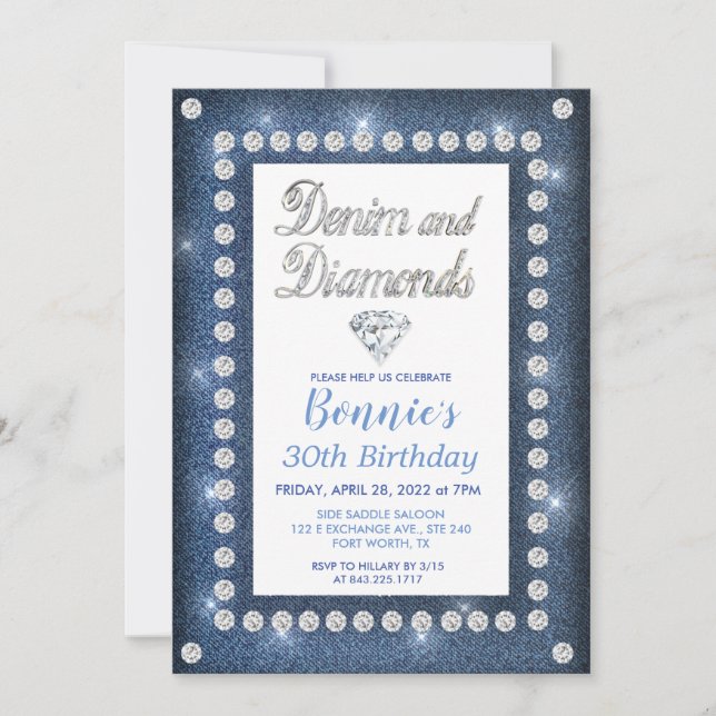 Invitación de cumpleaños Denim y Diamantes (Anverso)