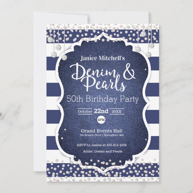 Invitación de cumpleaños Denim y Pearls (Anverso)