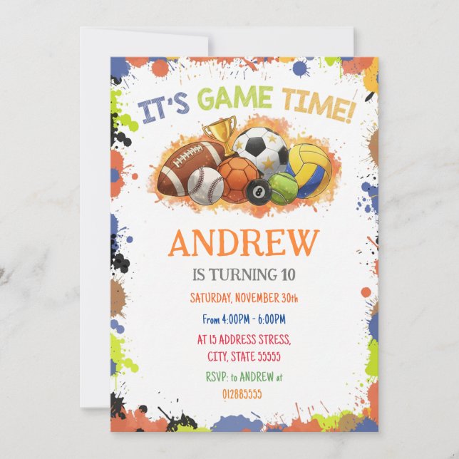 Invitación de cumpleaños deportiva personalizable (Anverso)