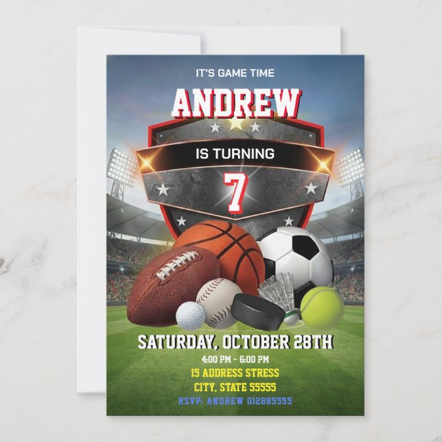 Invitación de cumpleaños deportiva personalizable  (Anverso)