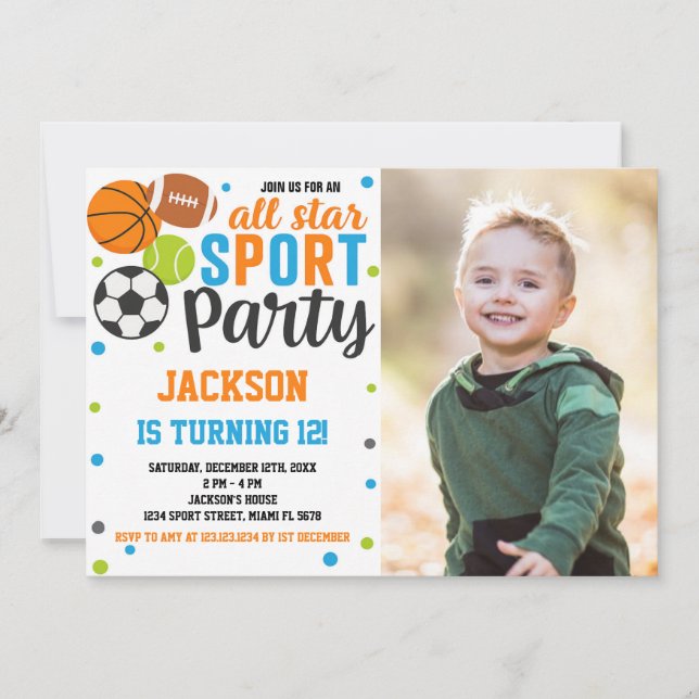 Invitación de cumpleaños deportivo de estrellas co (Anverso)