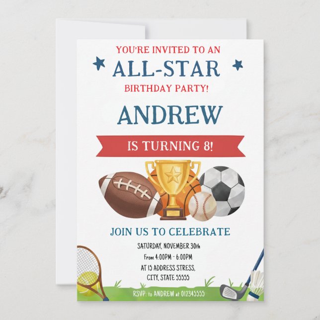 Invitación de cumpleaños deportivo personal para n (Anverso)