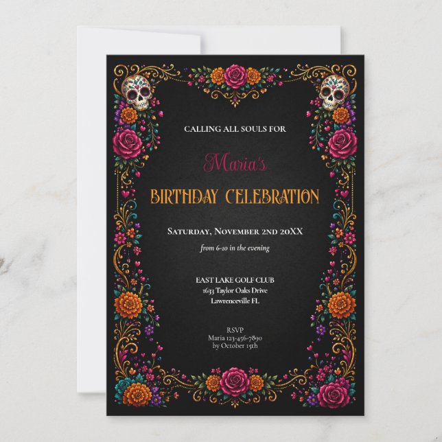 Invitación de cumpleaños Día de Muertos Calaveras  (Anverso)