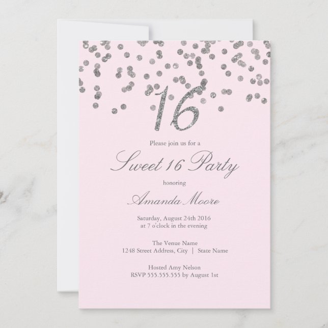 Invitación de Cumpleaños Dieciséis Rosado con Conf (Anverso)