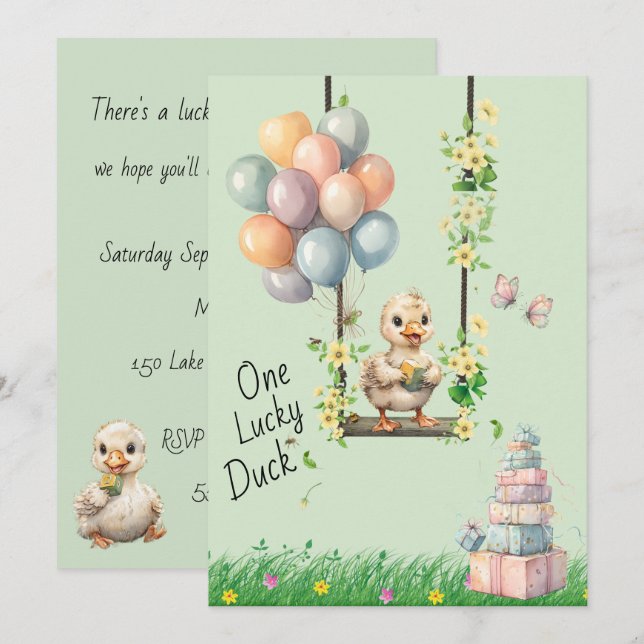 Invitación de cumpleaños digital Lucky Duck Birthd (Anverso / Reverso)