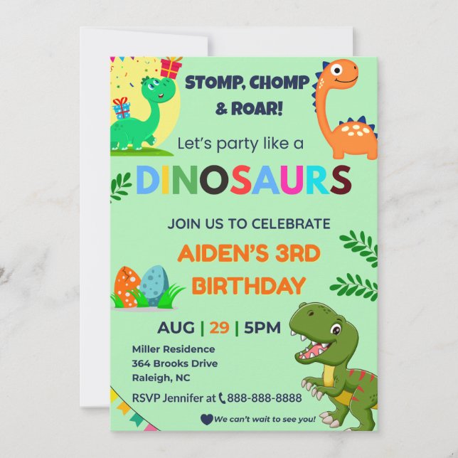 Invitación de cumpleaños Dino editable | El Fiesta (Anverso)