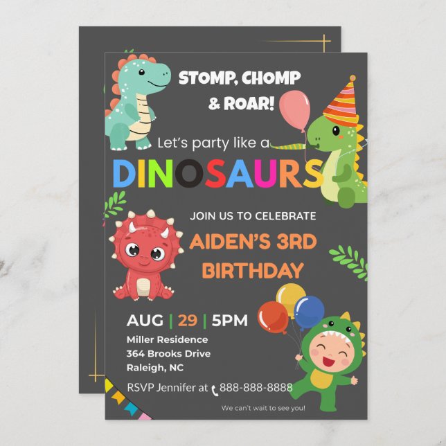 Invitación de cumpleaños Dino editable - Tarjeta p (Anverso / Reverso)