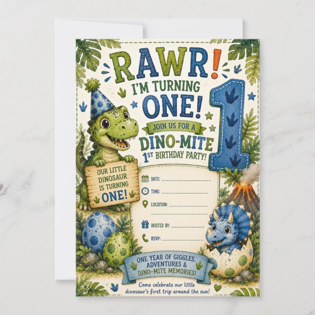 Invitación de cumpleaños Dino-Mite 1 (Anverso)
