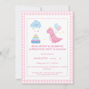 Invitación de cumpleaños Dino-Mite Rosa
