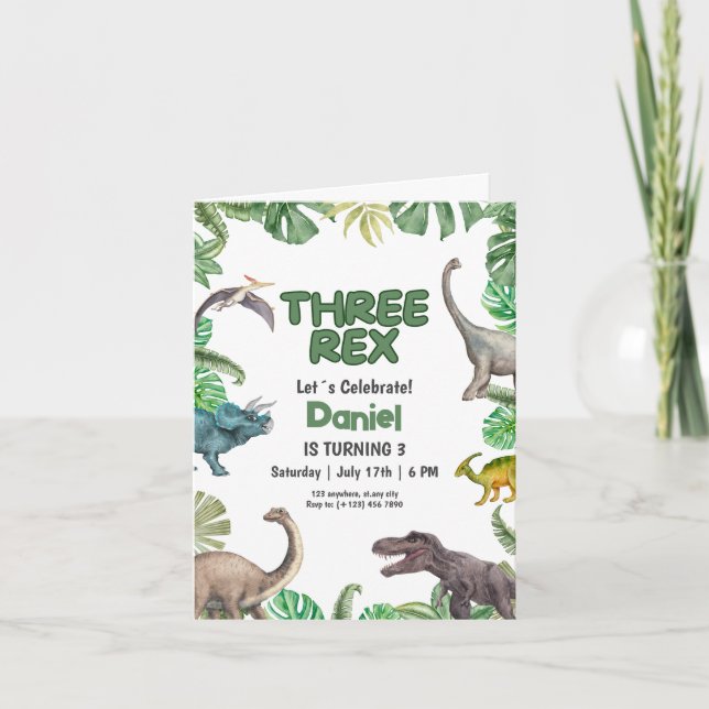 Invitación de cumpleaños Dinosaurio Tres rex Fiest (Anverso)