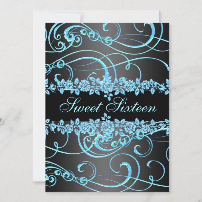 Invitación de cumpleaños Diseño Blue Rose & Swirl  (Anverso)