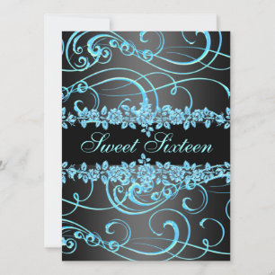 Invitación de cumpleaños Diseño Blue Rose & Swirl