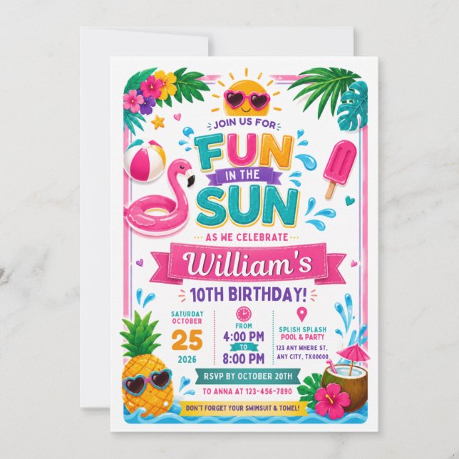 Invitación de cumpleaños divertida bajo el sol (Anverso)