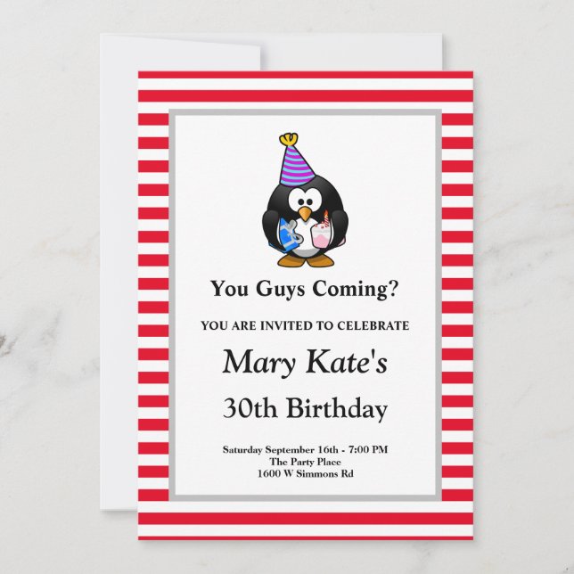 Invitación de Cumpleaños Divertida con Rayas Rojas (Anverso)