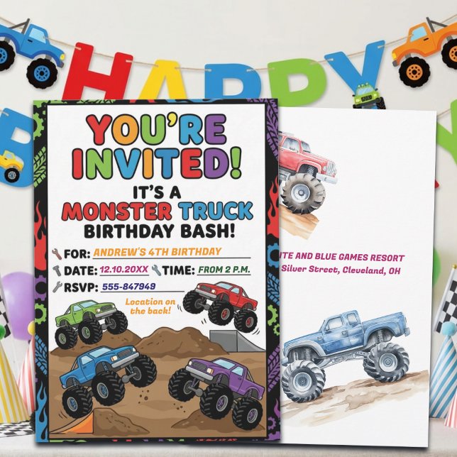 Invitación de cumpleaños divertida de camiones mon (Subido por el creador)