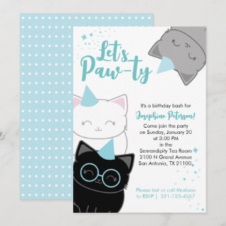 Invitación de cumpleaños divertida de gatito azul 