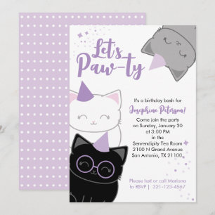 Invitación de cumpleaños divertida de gatito morad