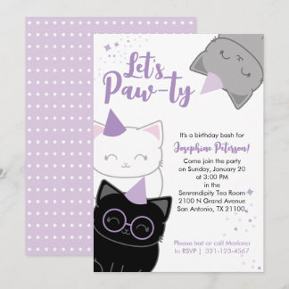 Invitación de cumpleaños divertida de gatito morad