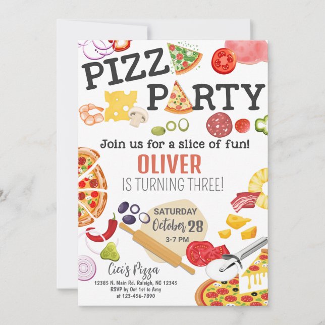 Invitación de cumpleaños divertida de pizza para n (Anverso)