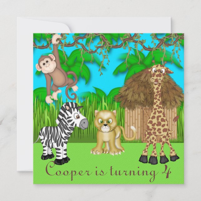 Invitación de cumpleaños divertida en la selva (Anverso)