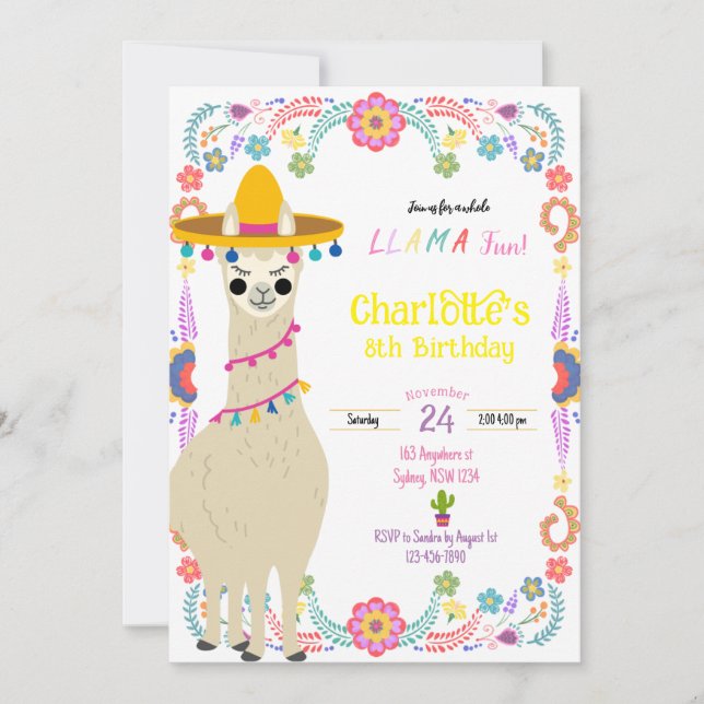 Invitación de cumpleaños divertida fiesta de Llama (Anverso)