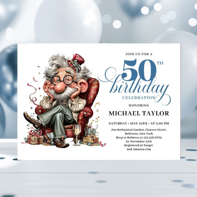 Invitación de cumpleaños divertida para hombre de  (Whimsical Funny Man 50 Party Milestone Invitation)