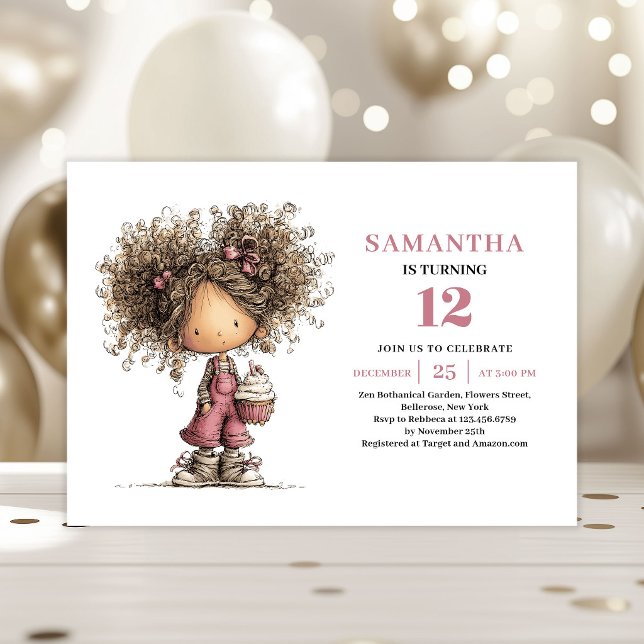 Invitación de cumpleaños divertida para niña de ri (Funny Curly Girl Birthday Invitation Dusty Pink)