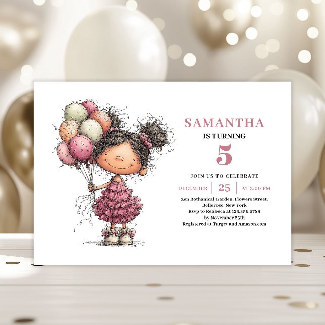 Invitación de cumpleaños divertida y extravagante  (Quirky Funny Kids 5th Birthday Invite Pink)