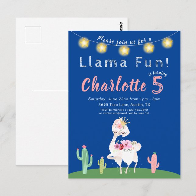 Invitación de cumpleaños divertida y linda de llam (Anverso / Reverso)