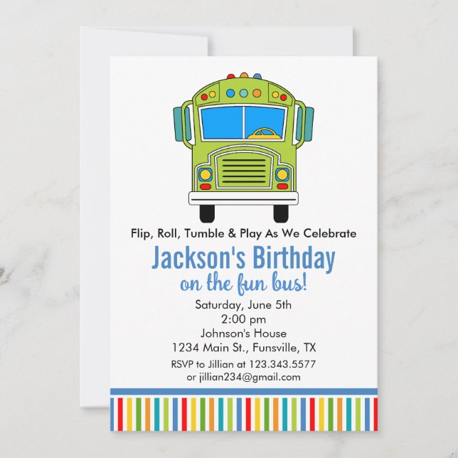 Invitación de cumpleaños divertido al autobús Tumb (Anverso)