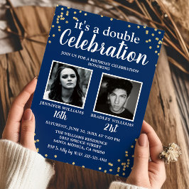 Invitación de cumpleaños doble con foto azul