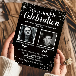 Invitación de cumpleaños doble con foto de plata n