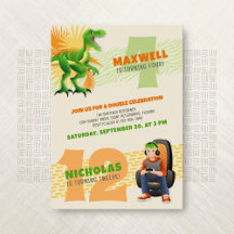 Invitación de cumpleaños doble de Dinosaur Gamer J