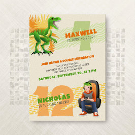 Invitación de cumpleaños doble de Dinosaur Gamer J