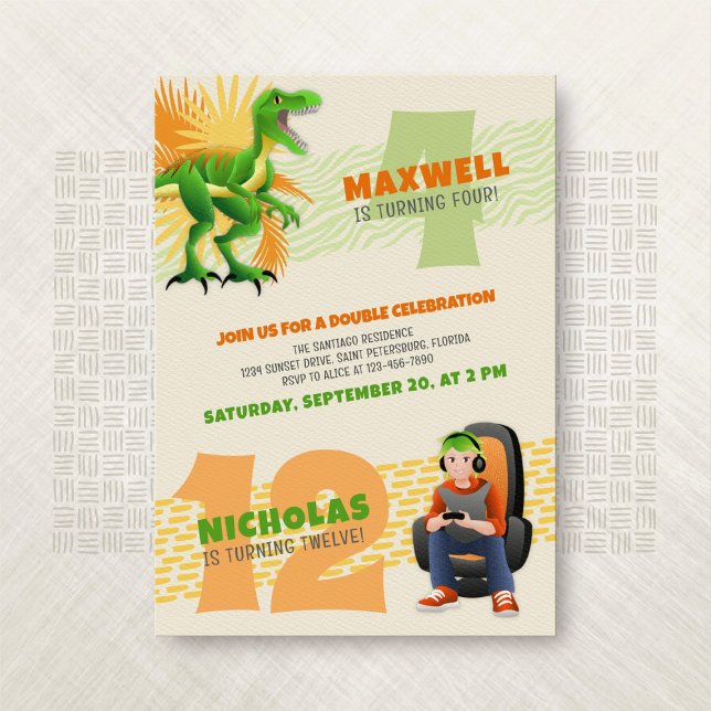 Invitación de cumpleaños doble de Dinosaur Gamer J (Subido por el creador)