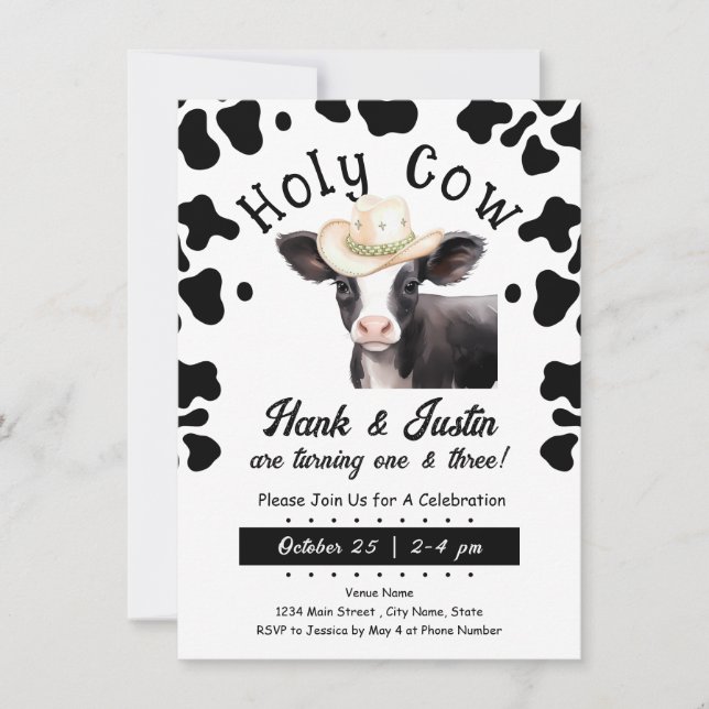 Invitación de cumpleaños doble de Holy Cow Boy (Anverso)