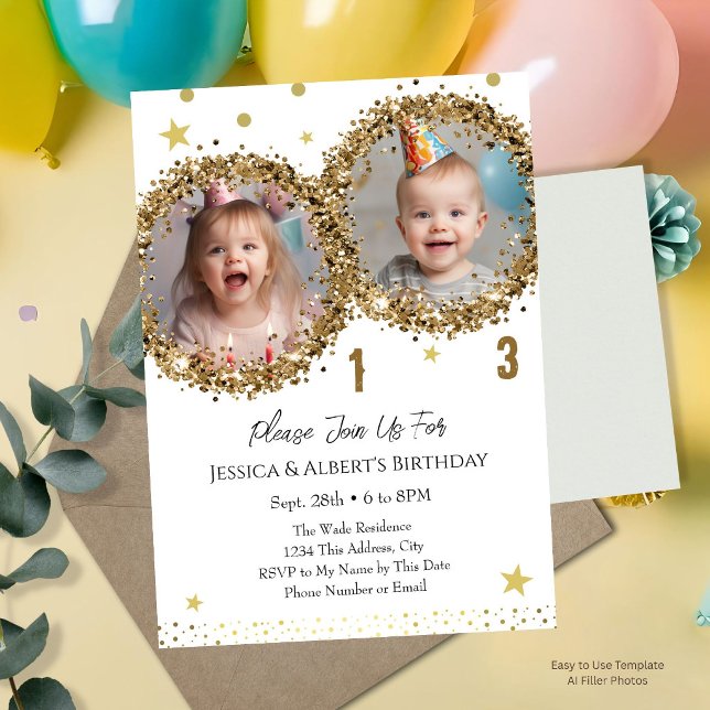 Invitación de cumpleaños doble dorado con brillo p (Subido por el creador)