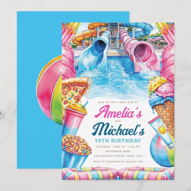 Invitación de cumpleaños doble para gemelos en par (Anverso / Reverso)