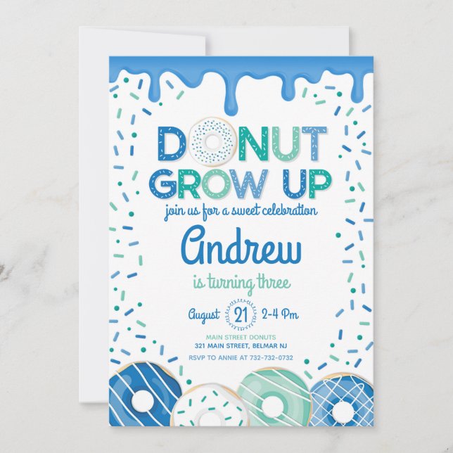 Invitación de cumpleaños Donut Grow Up Niño Azul (Anverso)
