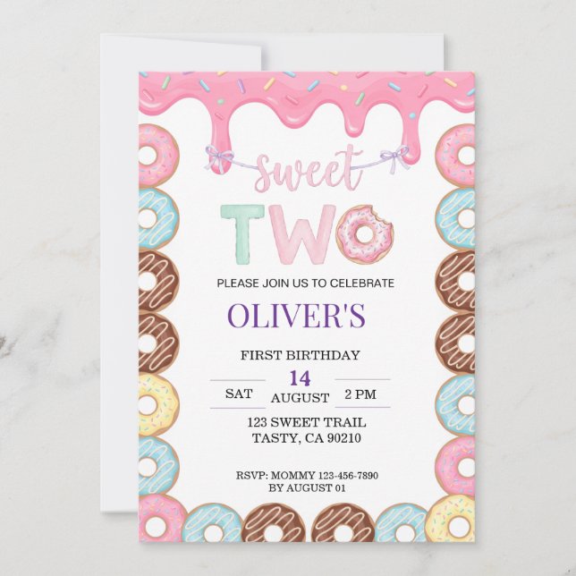 Invitación de cumpleaños Donut Sweet Two 2do (Anverso)