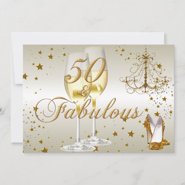 Invitación de cumpleaños dorada brillante 50 & fab (Anverso)