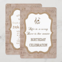 Invitación de cumpleaños dorada con partitura vint
