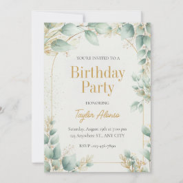 Invitación de cumpleaños dorada con vegetación ele
