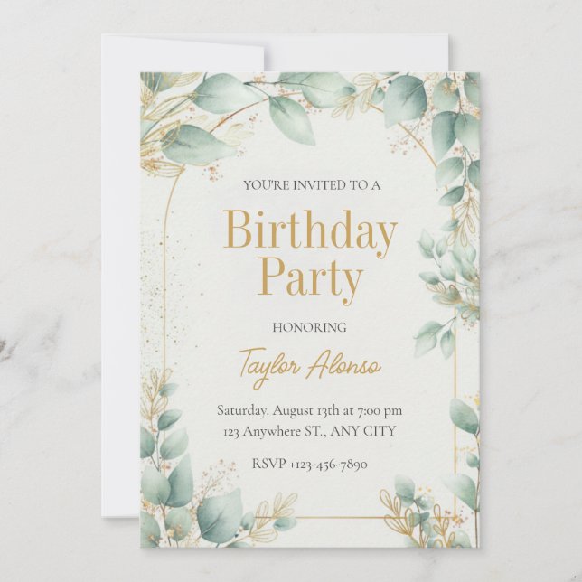 Invitación de cumpleaños dorada con vegetación ele (Anverso)