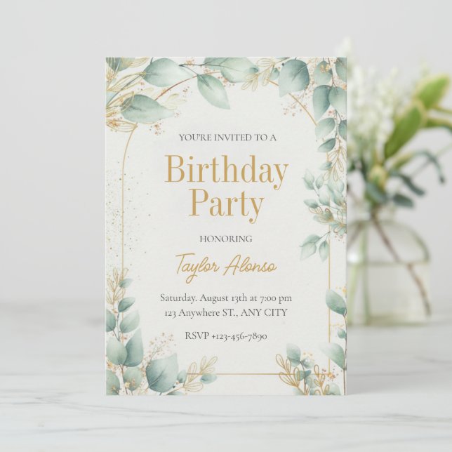 Invitación de cumpleaños dorada con vegetación ele (Anverso de pie)