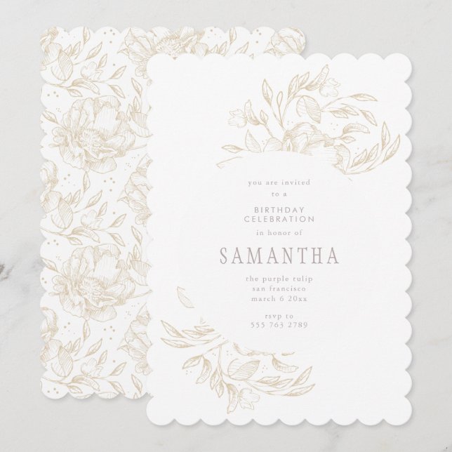 Invitación de cumpleaños dorada romántica floral (Anverso / Reverso)