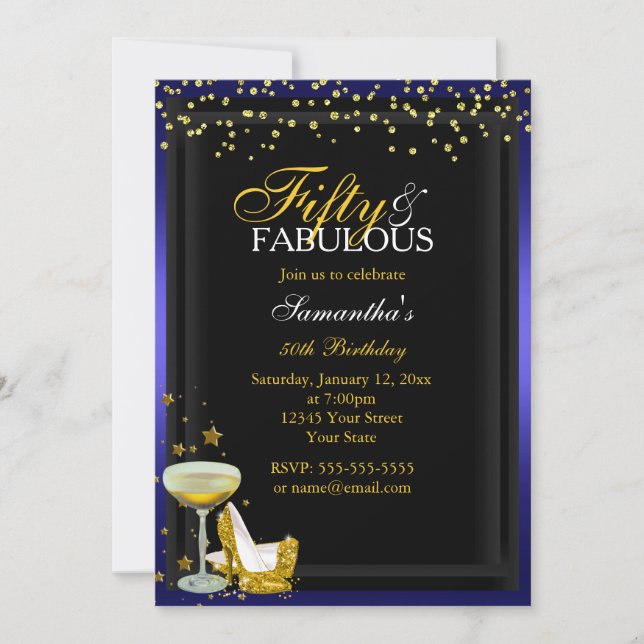 Invitación de cumpleaños dorada y azul 50 y fabulo (Anverso)