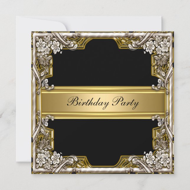Invitación de cumpleaños dorada y negra (Anverso)