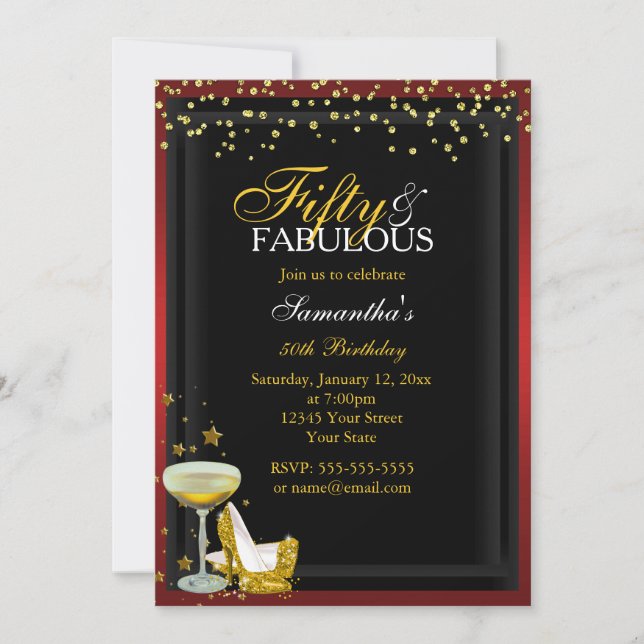 Invitación de cumpleaños dorada y roja 50 y fabulo (Anverso)